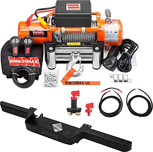 WINCHMAX 13,500lb (6,123kg) Original Orange 12v Electric Winch. 26m x 9.5mm Steel Rope. 3/8 inch Hook. Bumper Compatible with Defender, Wiring Kit & Isolator.
