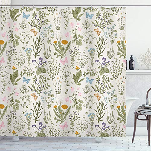 ABAKUHAUS Blumen Duschvorhang, Vintage Garden Plants, Stoffliches Gewebe Badezimmerdekorationsset mit Haken, 175 x 180 cm, Reseda Grün Beige