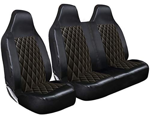 rhinos autostyling FÜR VW VOLKSWAGEN TRANSPORTER T2/T3/T4/T5/T6 - Premium Luxus-Van-Sitzbezüge Einzelner Fahrersitz und Doppel-Beifahrersitzbezug - 2 + 1 - Schwarz gestepptes Diamant-Leder