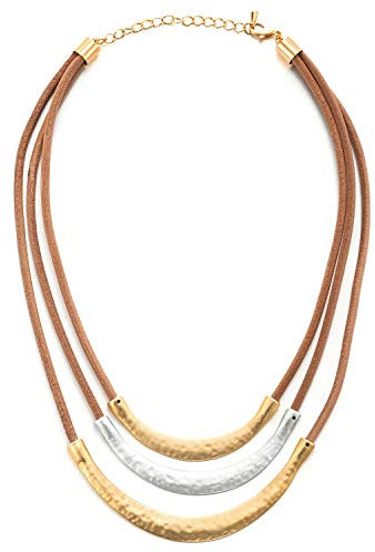 COOLSTEELANDBEYOND Tre File Marrone Pelle Statement Bavoir Girocollo Choker Collana con Oro Grigio Argento Texture Metallo Charms Pendente