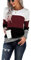 SMENG t Shirts for Women UK Crewneck Sweatshirt Workout Long Sleeve Oversized Top Blouse Patchwork Pullover Color Block Clothes Wine red Size (UK18-20)