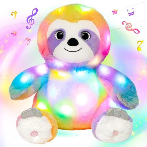 Hopearl LED Musical Faultier Bunte Stofftiere Licht auf Singendes Plüschtier DREI Zehen Faultier Einstellbare Lautstärke Ruhen animierte Beruhigung Geschenk für Kinder Toddlers, Regenbogen, 25,4 cm