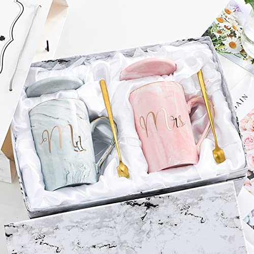 DEDEMCO Lot de 2 Tasses à Café Mr et Mrs - 400 ml, Ensemble pour Mariée et Marié, Cadeaux de Mariage, Saint-Valentin, Fête Prénuptiale - Tasses en Marbre pour Couples