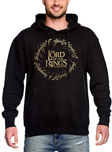 Elbenwald Herr der Ringe Hoodie mit großem Der Eine Ring Motiv auf der Vorderseite, Kapuze mit Tunnelzug und Eingrifftasche vorn für Herren Damen schwarz - XL