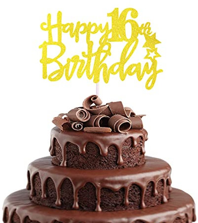 Happy 16th Birthday Cake Topper in Glitter Card,Happy Birthday Cupcake Toppers Gold 16th Birthday Party Decor,Glitter Cake Decoration for Birthday Anniversary Party Decorations (16th, Gold)