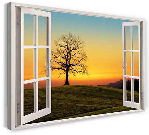 Bilder Fensterblick 100x70cm Baumwoll-Leinwand auf Keilrahmen mit Aufhänger moderner Kunstdruck XXL Wandbilder Wand-Dekoration Baum ohne Blätter Sonnenuntergang Winter Feld Natur - Natur-Fotografie