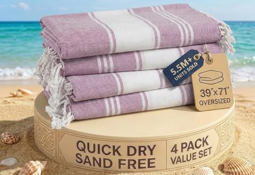 LANE LINEN Telo mare in 100% cotone con borsa, 4 pezzi, dimensioni 99 x 180 cm, assorbente per piscina, extra large, ad asciugatura rapida, asciugamano da viaggio con sabbia, motivo orchidea regale