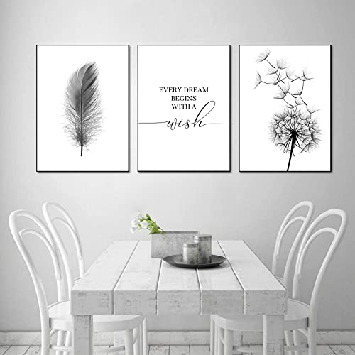 Trayosin 3er Set Premium Design-Poster Set Schwarz Weiß Pusteblume Feder Leinwand, Abstrakte Löwenzahn Blume Wandbild Print Bilder Kunstposter für Wohnzimmer Deko Ohne Rahmen (B,40x60cm)
