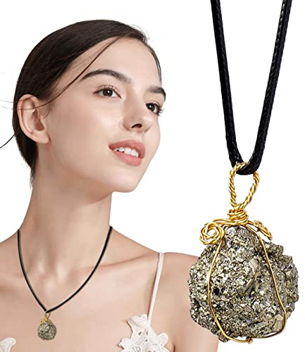 Facynde Rohe Kristall Halskette - Gold Wire Wrap raue Pyrit-Anhänger,Regelmäßige handgefertigte Heilkristall-Halskette mit schwarzer Makramee-Schnur