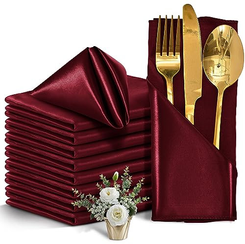Eychei 50 Stück burgunderrote Satin-Servietten, 43,2 x 43,2 cm, quadratische Tischservietten, seidig weich, glatt, waschbar, für Restaurant, Hochzeiten, Abendessen, Party-Dekoration