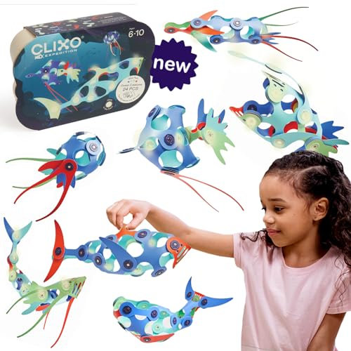 Clixo - Ocean Creatures Pack, Magnetic Tiles for Kids - Magnetic Game with 24 Ocean Coloured Pcs - Children's Games, Shapes, Construction Toys for Boys and Girls - For Ages 6+ - 24 Pcs