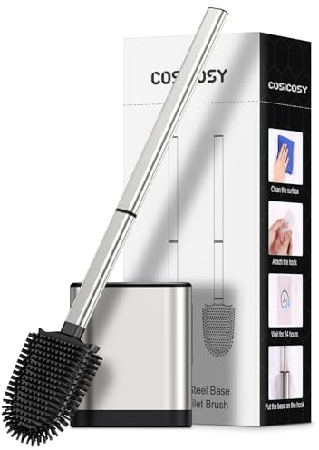 COSICOSY Toilet Brush, Stainless Steel Silicone Toilet Brush and Holder Flexible Soft Silicone Toilet Brush for Deep Cleaning with Long Handle Wall Mounted Silver