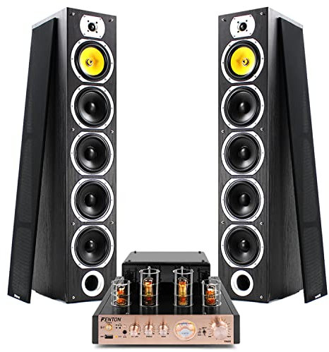 Fenton Tower Music System with HiFi Valve Amplifier and Bluetooth, Home Audio Bundle with 2x SHFT57B Floor Standing Speakers, USB Playback, Stereo System Package in Black Finish