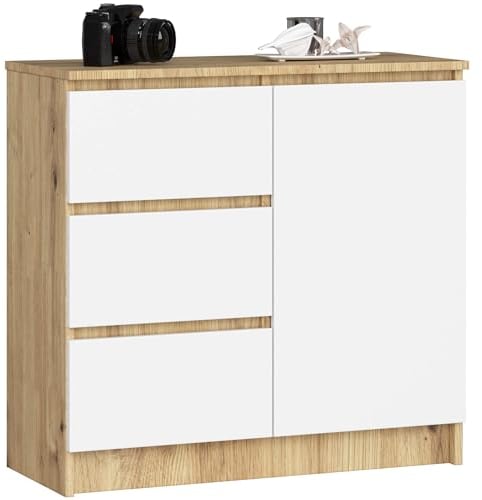 AKORD Kommode K-80 Jerry mit 3 Schubladen | Schrank mit 2 Einlegeböden und 1 Tür | Für das Wohnzimmer Schlafzimmer | Moderne | 16mm Laminierte Platte | 80x77x35 cm | Artisan Eiche + Weiß Front