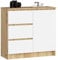 AKORD Kommode K-80 Jerry mit 3 Schubladen | Schrank mit 2 Einlegeböden und 1 Tür | Für das Wohnzimmer Schlafzimmer | Moderne | 16mm Laminierte Platte | 80x77x35 cm | Artisan Eiche + Weiß Front