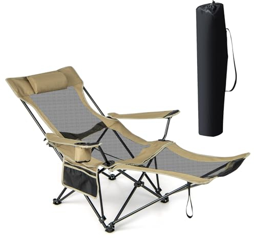 GIANTEX Chaise longue de camping, chaise longue réglable, avec repose-pieds amovible, oreiller rembourré, porte-gobelet et poche latérale, chaise de camping pliable avec sac de transport pour parc,