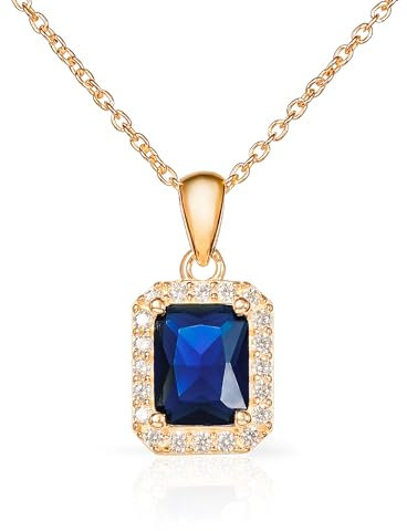 Diamond Treats Goldene Damen-Halskette mit Smaragdschliff aus 925er Sterlingsilber mit blauen Zirkonia-Steinen, elegante rechteckige Halskette aus Gold, Saphirblaue Kette für Damen mit Geschenkbox