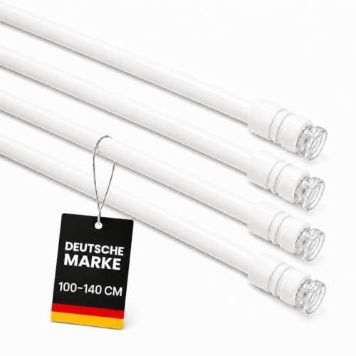 Klemmstange (4er Pack) stufenlos ausziehbar 100-140 cm Weiß Ø10mm Metall | Gardinenstange zum Klemmen, kein Bohren Kleben, für Scheiben- & Bistrogardinen, perfekt für Mietwohnungen & Küche