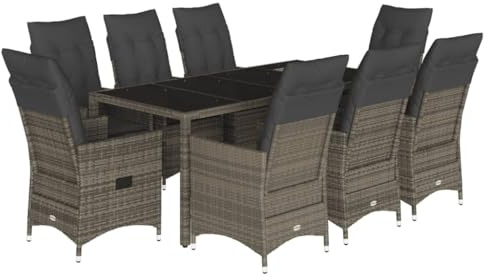 vidaXL 9-TLG. Garten-Essgruppe mit Kissen Grau Poly Rattan