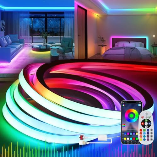 KSIBNW LED Strip RGB Neon Outdoor Waterproof 32.8ft/10m, LED Rope Lights Strip Indoor Music Sync Color Changing Garden Lighting Flexible with App Control Remote Flexible Cuttable for Party Decoration
