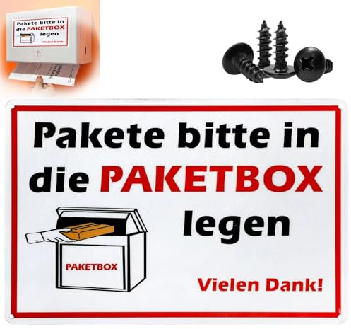 DELAIHUIL Paketbox Schild - Pakete bitte in die Box legen - Aluminium Aufkleber für Pakete, Kennzeichnung (30 x 20 cm)