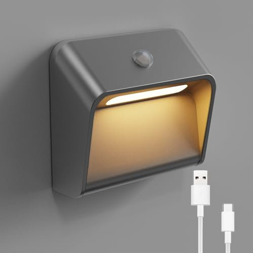 ACMHNC Akku Wandleuchte mit Bewegungsmelder - Kabelloses LED Nachtlicht mit Bewegungsmelder, dimmbar, USB Aufladbar, Link-Modi- Treppenlicht für Flur, Treppe, Schlafzimmer, Warmweiß, Grau
