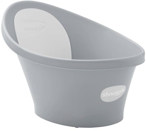 Shnuggle Bañera para bebé recién nacido, refuerzo integrado y respaldo suave, apto para recién nacidos, soporte de asiento de baño incluye tapón, guijarros con respaldo gris