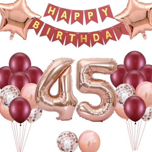 Luftballons 45 Geburtstag Frauen Deko, Geburtstagsdeko 45 Jahre Frau Ballon, 45.Burgund Rose Gold Deko Ballon, 45. Geburtstag Deko Set, 45. Geburtstag Frauen Dekoration(45.)