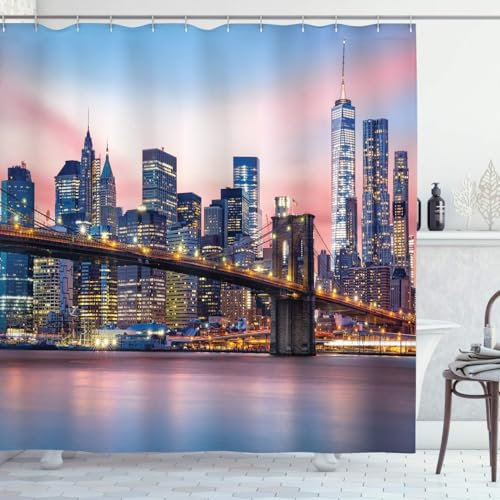 PUOJIEAT Rideau de Douche New York, Anti Moisissure Imperméable Rideau Baignoire New York Rideaux Douche 180x180, Lavable Polyester Shower Curtain 3D Rideaux Salle de Bain 12 Crochets qq7864