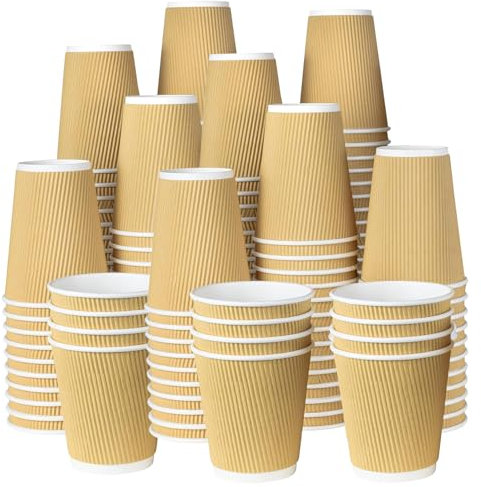ECONX 100 X 12oz Disposable Coffee Cups - Brown 3-PLY Takeaway Paper Cups for Hot & Cold Drinks - Kraft Ripple Triple Walled Disposable Paper Cups Leak-Proof Durable for Tea, Coffee & Hot Beverages