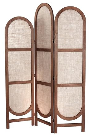 CREEDWOOD RAUMTEILER Arco | Leinen/Holz, 3-teilig,170x120 cm | klappbarer Paravent, Natur Stellwand, Trennwand, Raumtrenner, Faltwand, Sichtschutz, Ankleidewand | Farbe: Dunkelbraun-Natur