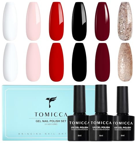 TOMICCA Vernis Semi Permanent Rouge Blanc Noir Glitter Gold Kit, 6 Couleurs Vernis Gel UV Semi Permanent Kit, Vernis à Ongles Gel Nail Polish UV LED Soak Off Manucure Nail Art Kit, 8ML