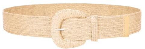 JasGood Stroh Geflochten Elastischer Gürtel für Damen Breiter Taillengürtel Rattan Gewebter Boho Gürtel für Kleider,Beige,90cm