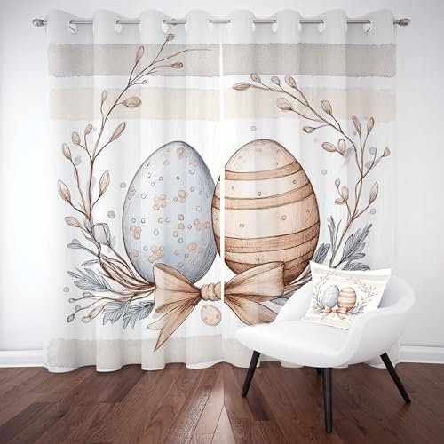 Sobhdga Vorhang Blickdicht Ostern Ostereier, Botanische Schleife Gardinen mit Ösen 2er Set, Vorhänge Einfache Streifen, Thermovorhang Kälteschutz für Wohnzimmer Schlafzimmer H 175 x B 70 cm