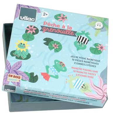 VILAC - La pêche à la Grenouille - Michelle Carlslund - Jeux de Société - 2 Cannes à pêche magnétique en Bois + 12 Grenouilles en Bois - Jeux en Bois - Dès 2 Ans - 8571