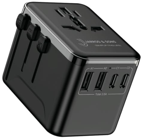 Jarrod & Sons Universal Travel Adapter, 4-Port USB Wall Charger (2A2C, 17.5W) – Worldwide Plug Converter for EU/US/UK/AUS – Compact Fast Charger for Travel & Home