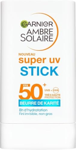Garnier Ambre Solaire Super UV Stick SPF50+ Visage Zones Sensibles 18g | Beurre karité cacao vitamine E, Fini invisible non gras, Testé peaux sensibles, Protection UVA UVB longs, Hydratation 8h