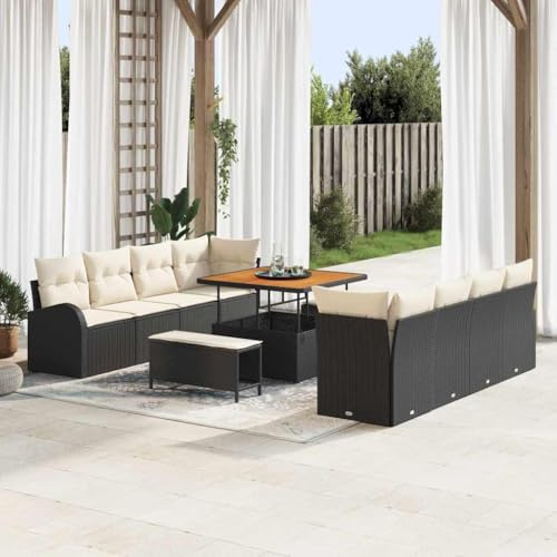 QJBSAVVA Schwarz Gartenlounge Set 100x100x71 cm Poly Rattan Balkonmöbel Modular 11-Teilig mit Tisch für kleine Balkone und Terrassen
