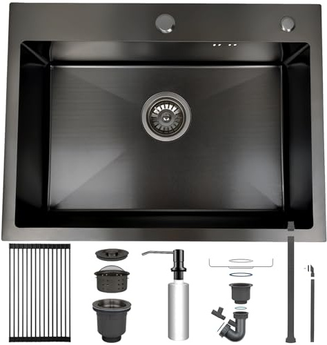 Fregadero de cocina, 60 x 45 cm, fregadero negro de acero inoxidable, 1 fregadero empotrable, con escurridor enrollable y dispensador de jabón, sifón y rebosadero