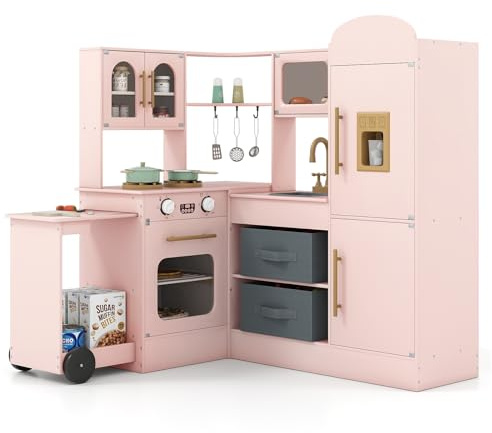 DREAMADE Kinderküche mit Licht & Sound, Holzküche mit ausziehbarem Wagen, Mikrowelle, Ofen, Eismaschine & Zubehör, Spielküche für Kleinkinder Jungen und Mädchen ab 3 Jahren (Pink)