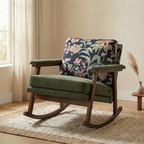 Rocking Chair for Nursery & Living Room, Cozy Small Rocker with Solid Rubberwood Frame, Upholstered Accent Chair for Adults, Teddy or Linen Fabric Reading Chair Olive Green Floral