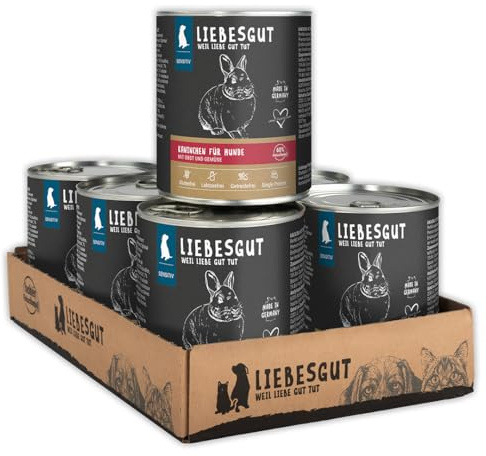 Liebesgut Bio Hundefutter Nass Kaninchen mit Gemüse und Obst, extra viel Fleisch, 6x800g, produziert in Bayern