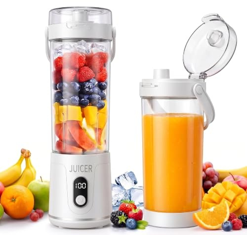 Tragbarer Mixer Smoothie Maker,650 ml Mini Mixer Smoothie To Go,USB-C Wiederaufladbar,12 Rostfreie Klingen,Auslaufsicherer Deckel mit Trinkschnabel,für Fitnessstudio,Büro,Reisen,Küche (Weiß)