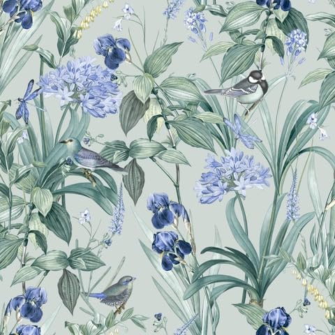 Hexoa Papier Peint Jardin Fleuri Oiseaux Fond Vert Sauge - Made in France - 53x1000