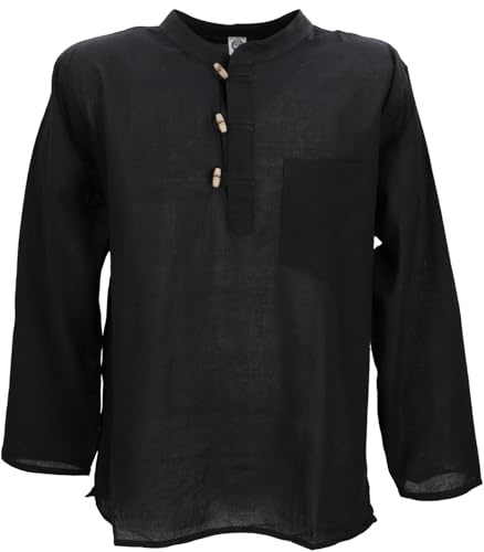 GURU SHOP Nepal Fischerhemd, Goa Hippie Hemd, Yogahemd, Freizeithemd - Schwarz, Herren, Size:L