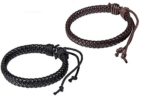 JewelryWe 2pcs Unisex Mens Brown & Black Braided Leather Bracelets Wrap Wristbands Fits 8 - 11 (with Gift Bag)
