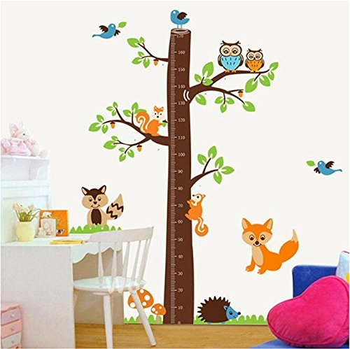 HALLOBO® Wandaufkleber XXXL Eule Wald Tier Höhe Messlatte Fuchs Baum Eichhörnchen Wandtattoo Aufkleber Wandsticker Kinderzimmer Kinder Baby Babyzimmer