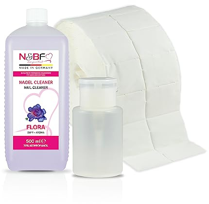 NAILS FACTORY Nagel Cleaner Set mit Duft 500ml + Dispenser Pumpflasche Weiss 150ml + 1000 Zelletten Cellulose Pads (2 Rollen à 500 Stück) - 70% Isopropanol-Alkohol – für Gelnägel – (Flora)
