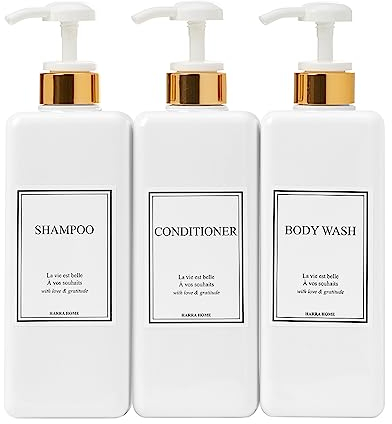 HARRA HOME Modern Gold Design Pump Bottle Set 27 oz Refillable Shampoo and Conditioner Dispenser Empty Shower Plastic Bottles with Pump for Bathroom Lotion Body wash Massage Oils, Pack of 3 (White)