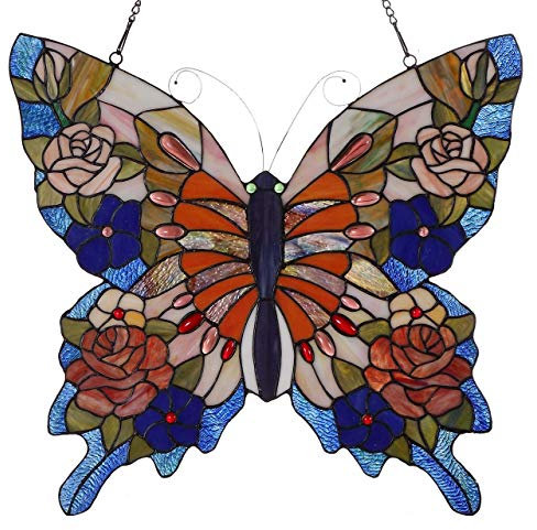 Bieye W10027 22 inches Butterfly Tiffany Style Stained Glass Window Panel with Hanging Chain